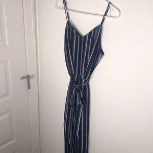 Blue and white jumpsuit waist tie